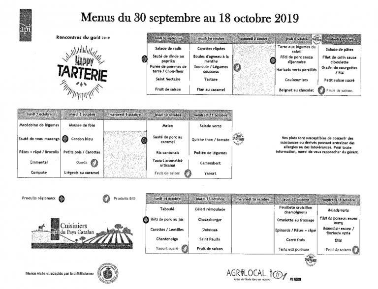 Menus de la cantine. Ensemble scolaire St Pierre de la Mer
