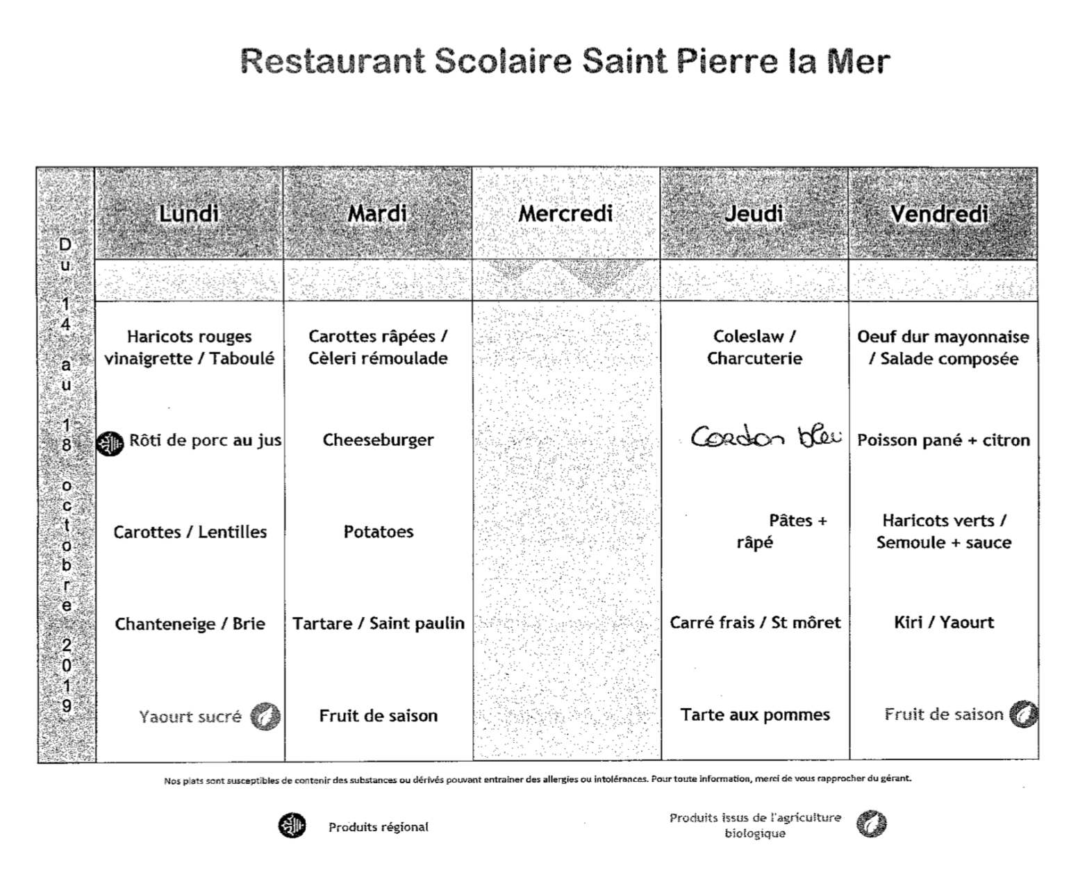 Menus de la cantine. Ensemble scolaire St Pierre de la Mer Menus de la cantine. Ensemble scolaire St Pierre de la Mer